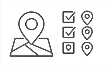 Poster - Location pin and map icon set. Line art symbols for navigation, GPS, and destination. Vector pointers and checkmarks for UI/UX design, apps, and websites. Route marker.
