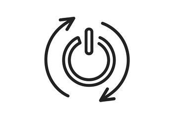 Poster - Restart reboot power button icon with circular rotating arrows, system reset power cycle refresh loop symbol, outline vector illustration isolated on white background, tech concept