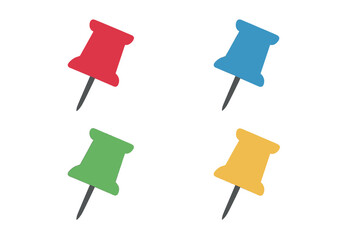 Poster - Colorful pushpin vector icon set. Flat design map pins for marking locations. Thumbtack pointer symbol for navigation, GPS, address, destination, and web mapping.