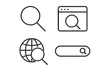 Poster - Search icon vector set. Magnifying glass, browser, globe, and search bar symbols. Linear outline style for web and app UI. Find data and information concept illustration.