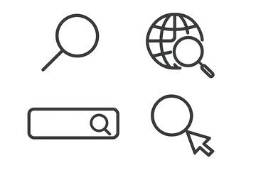 Poster - Search icon set in thin line style. Magnifying glass, globe, and search bar vector icons. Web and internet search symbols for website and application UI UX design.