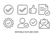 © Jane - Check mark and approval line icon set. Concepts for success, quality, validation, confirmation. Thumbs up, approved document, verified user. Editable outline vector icons.