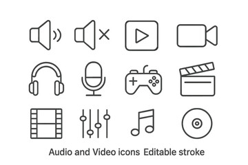 Poster - Audio and video line icon set. Multimedia symbols for web, app interface design. Collection includes music, movie, gaming, sound, and record icons. Editable stroke vector.
