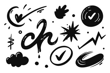 Poster - Hand Drawn Doodle Elements Set with Check Marks Starburst Cloud and Lettering Black and White Vector Illustration for Design Decoration and Creative Projects on White