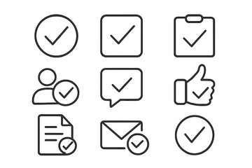 Fototapete - Checkmark approval icons vector set. Check mark confirmation symbols collection. Tick verification UI elements. Outline linear web interface graphics editable
