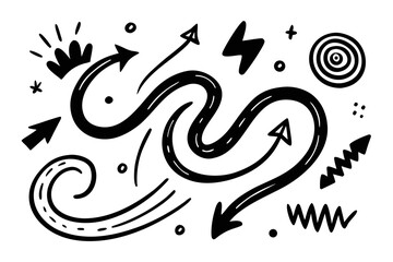 Poster - Hand Drawn Doodle Elements with Arrows Lightning and Abstract Shapes in Black and White for Creative Design Projects and Visual Communication Isolated on White Background