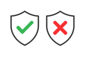 Poster - Shield icon set with green checkmark and red cross. Success error validation indicators. Approved rejected status badges for app UI UX web interface, antivirus protection vector