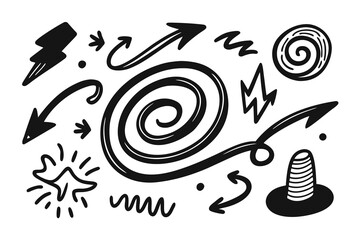 Poster - Hand Drawn Doodle Elements Set Arrows Lightning Spiral Star and Abstract Shapes in Black Ink Isolated on White Background Vector Illustration for Design and Decoration