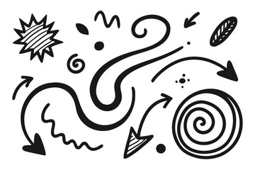 Poster - Hand Drawn Doodle Elements Collection in Black and White Featuring Arrows Swirls Stars and Abstract Shapes for Design and Decoration Isolated on a White Background