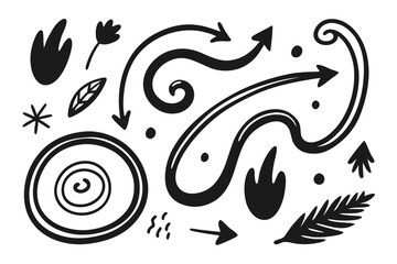 Poster - Hand Drawn Doodle Elements Set with Arrows Leaves and Circles in Black and White for Decoration Design and Illustration Projects on a White Background
