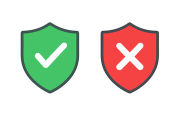 Poster - Security shield icons set featuring green approval check mark and red denial X cross, protection concept, antivirus badge for web app UI, flat vector on transparent background