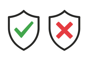 Poster - Security protection verification shield icons with green check mark and red cross sign, approved denied status symbols for app UI, website interface, concept vector illustration