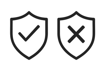 Poster - Shield Icons with Checkmark and Cross – Secure vs. Unsecure Protection Symbol for App UI, Website Interface, Cybersecurity Status Indicator, Vector Illustration, Transparent Background