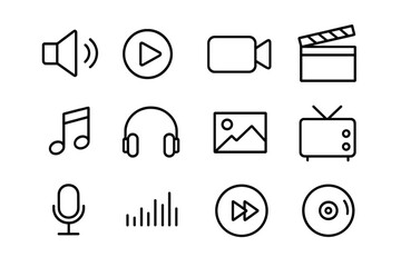 Fototapete - Audio video multimedia icons set. Linear flat outline style pictograms for web UI app interface design. Sound music movie camera headphone microphone symbols vector