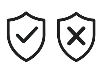Poster - Security shield icons with check mark and cross symbol, approve and deny protection status, verified safe and unverified danger, black vector illustration for app UI and web interface