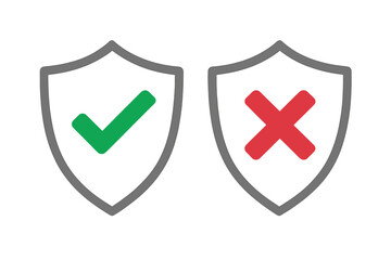 Poster - Security shield icons with green checkmark and red cross symbolizing protection vs vulnerability, yes no status indicators, approval rejection concept, cyber safety UI web app vector