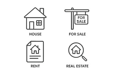 Fototapete - Real estate property icons set. House home rent sale search vector graphics. Flat linear style symbols for websites applications UI design. Property business concept illustrations
