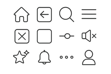 Poster - User interface linear icons set. UI UX graphic elements for mobile app and website. Home, menu, search, notification, profile, favorite, back arrow. Editable stroke.
