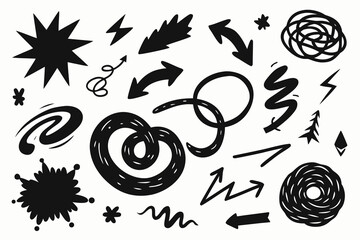 Poster - Hand Drawn Doodle Elements Set Black Sketchy Arrows Stars Lines and Shapes Isolated Vector Illustration for Design Decoration and Creative Projects on White Background