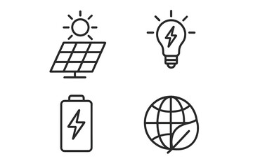 Fototapete - Renewable energy icons set. Solar panel battery electricity environment sustainability. Linear outline vector icons for web applications interface design. Green technology symbols