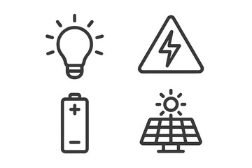 Fototapete - Energy power electricity icons set. Linear outline vector symbols. Lightbulb idea, solar panel renewable energy, battery charge, electrical hazard warning signs collection