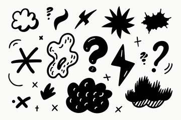 Poster - Hand Drawn Doodle Elements Collection Black and White Vector Illustration Includes Question Marks Lightning Bolts Clouds Stars and Abstract Shapes for Design and Decoration
