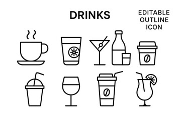 Poster - Drinks and beverages line icon set. Coffee, tea, cocktail, wine, juice, and smoothie vector symbols. Editable outline pictograms for cafe menu, bar, web, and app design.