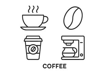 Fototapete - Coffee icons set vector linear outline style. Coffee cup bean machine takeaway web app UI design elements. Minimalist line art coffee symbols for websites applications