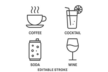 Poster - Drinks icon set. Coffee, cocktail, soda, and wine glass line icons. Vector symbols for cafe, bar, restaurant menu. Simple outline pictogram collection. Editable stroke.