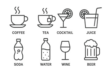 Poster - Drinks and beverages line icon set. Coffee, tea, cocktail, juice, soda, water, wine, beer symbols. Vector outline pictograms for cafe menu, bar, web, and apps. Editable stroke.