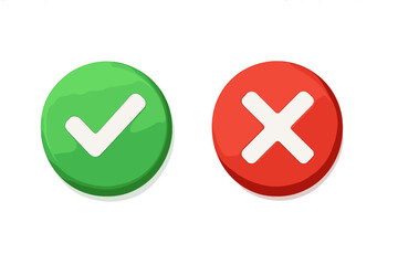 Poster - Green check mark and red cross icons set, 3D round buttons for accept reject, yes no confirmation, success failure symbols, isolated on transparent background, vector illustration