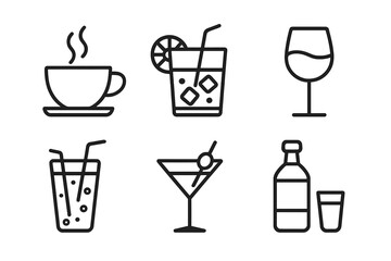 Poster - Drink and beverage line icon set. Vector collection of simple outline symbols for cafe menu or bar. Includes coffee, tea, wine, cocktail, soda, and juice. Editable stroke.