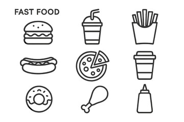Poster - Fast food icon set. Vector linear symbols for restaurant menu or delivery app. Includes hamburger, pizza, french fries, hot dog, soda, donut, and coffee. Editable stroke.
