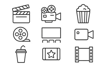 Poster - Cinema and movie line icon set. Vector symbols of filmmaking and entertainment. Film camera, clapperboard, popcorn, ticket. Editable outline graphic elements for web.