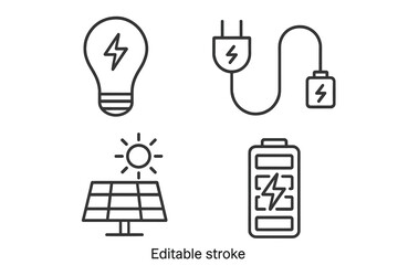 Fototapete - Energy electricity power technology icons set. Solar panel battery electrical plug lightbulb vector linear flat outline symbols for web app UI design sustainable renewable
