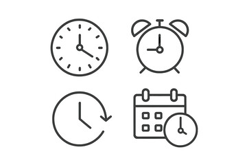 Poster - Time management icons set. Clock alarm calendar schedule vector symbols. Linear outline style for web applications UI design. Time concept graphics collection