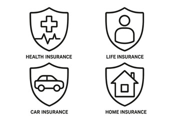 Poster - Insurance icon set. Health, life, car, home protection concepts. Vector line art symbols for web, mobile apps. Editable outline shield graphic for safety and security.