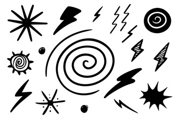 Poster - Hand Drawn Doodle Elements Set with Lightning Bolts Spirals and Star Shapes in Black Ink on a White Background for Creative Design Projects