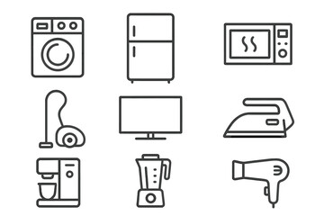Poster - Set of household appliances icons. Vector linear symbols for web design. Home electronics concept. Washing machine, refrigerator, microwave, tv, iron, blender, coffee machine.