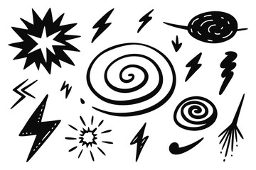 Poster - Hand Drawn Elements Set Doodle Style Black and White Collection of Abstract Shapes Lightning Bolts Spirals Explosion Starburst and Other Graphic Elements for Design and
