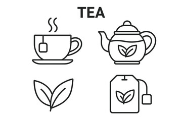 Poster - Tea line icons set. Teapot, cup with hot drink, teabag and leaf symbol. Vector collection for cafe menu, web design, beverage packaging. Editable outline pictogram.