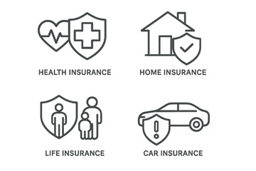 Fototapete - Insurance icons set vector linear outline. Health home life car insurance symbols. Protection security shields concept. Web app UI elements. Editable stroke business