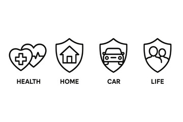 Fototapete - Insurance protection icons set vector shield symbols health home car life coverage outline linear style web design applications business finance security concept editable graphics