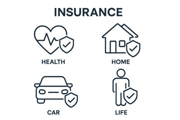 Fototapete - Insurance concept icons set. Health home car life protection symbols. Linear flat vector illustrations for websites applications UI design. Editable outline business graphics