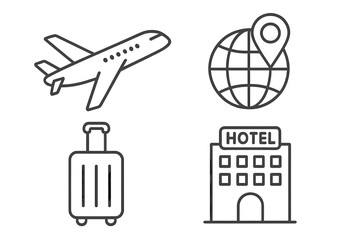 Poster - Travel and tourism icon set. Vector linear icons for web and mobile apps. Includes airplane, hotel booking, destination pin, and luggage symbols. Editable outline graphic.
