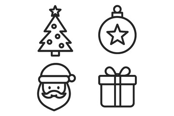 Fototapete - Christmas holiday icons set vector linear outline style. Festive seasonal symbols Santa Claus tree ornament gift box. Web design elements graphic resources