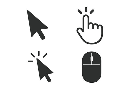 Computer mouse cursor icon set. Vector collection of pointer arrow and hand gesture symbols for web design. Click and selection graphic elements for UI and UX interface.
