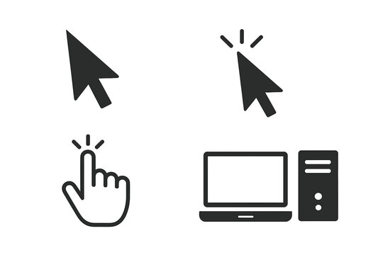 Set of flat computer icons. Cursor arrow, clicking hand pointer, laptop, and desktop PC. Vector collection for website UI design, application interface, and digital concepts.