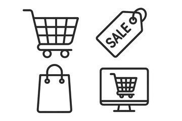 Fototapete - Shopping e-commerce icons set. Linear outline style symbols cart bag sale tag online store. Vector graphic elements web design applications business retail