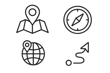 Fototapete - Navigation location direction icons set. Map pin compass GPS route travel symbols. Linear outline vector graphics for web apps UI design. Geographic wayfinding pictograms